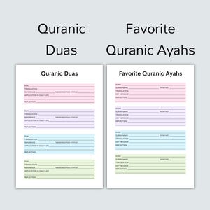 May include: Printable worksheet with a light pink, light blue, and light green color scheme. The worksheet is divided into two sections: "Quranic Duas" and "Favorite Quranic Ayahs". Each section has a list of prompts for the user to fill in, such as "Dua", "Translation", "Reference", "Application in Daily Life", "Memorization Status", "Reflection", "Surah Name", "Ayah No.", "Translation", "Key Message", and "Reflection".