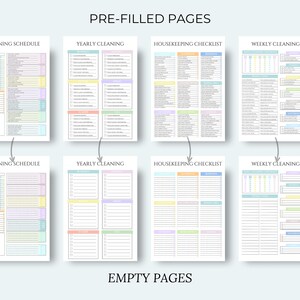 May include: A layout of printable planner pages with the text "PRE-FILLED PAGES" and "EMPTY PAGES". The pages include cleaning schedules, checklists, and weekly and yearly cleaning plans. The pages are color-coded with pastel hues.