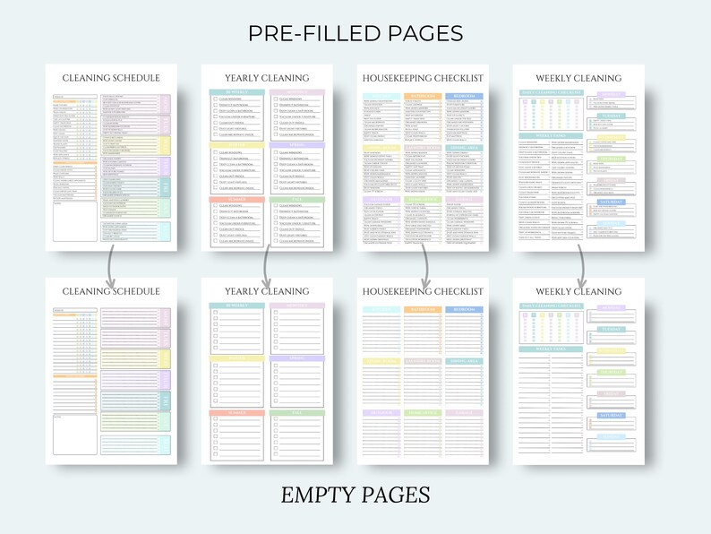 May include: A layout of printable planner pages with the text "PRE-FILLED PAGES" and "EMPTY PAGES". The pages include cleaning schedules, checklists, and weekly and yearly cleaning plans. The pages are color-coded with pastel hues.
