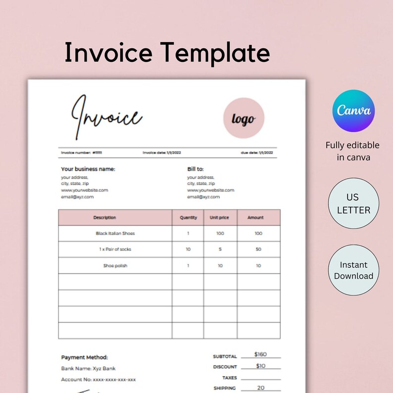May include: A pink and white invoice template with the text "Invoice Template" at the top. The template includes fields for invoice number, invoice date, due date, your business name, bill to, description, quantity, unit price, amount, payment method, subtotal, discount, taxes, and shipping.