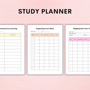 Op de afbeelding: Een printbare studieplanner met drie secties: Structureren van je leren, Organiseren van je week en Toewijzen van je taken. Elke sectie heeft een rasterindeling met koppen en regels om te schrijven.
