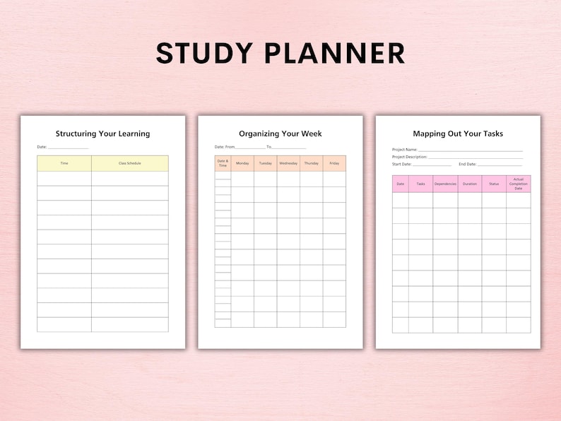 Op de afbeelding: Een printbare studieplanner met drie secties: Structureren van je leren, Organiseren van je week en Toewijzen van je taken. Elke sectie heeft een rasterindeling met koppen en regels om te schrijven.