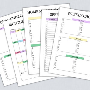 May include: Four printable checklists for home organisation. The checklists are titled "Seasonal Chores", "Monthly Chores", "Home Maintenance Speed Cleaning", and "Weekly Chores". The checklists are designed with colourful headers and check boxes.