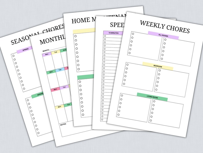 May include: Four printable checklists for home organisation. The checklists are titled "Seasonal Chores", "Monthly Chores", "Home Maintenance Speed Cleaning", and "Weekly Chores". The checklists are designed with colourful headers and check boxes.