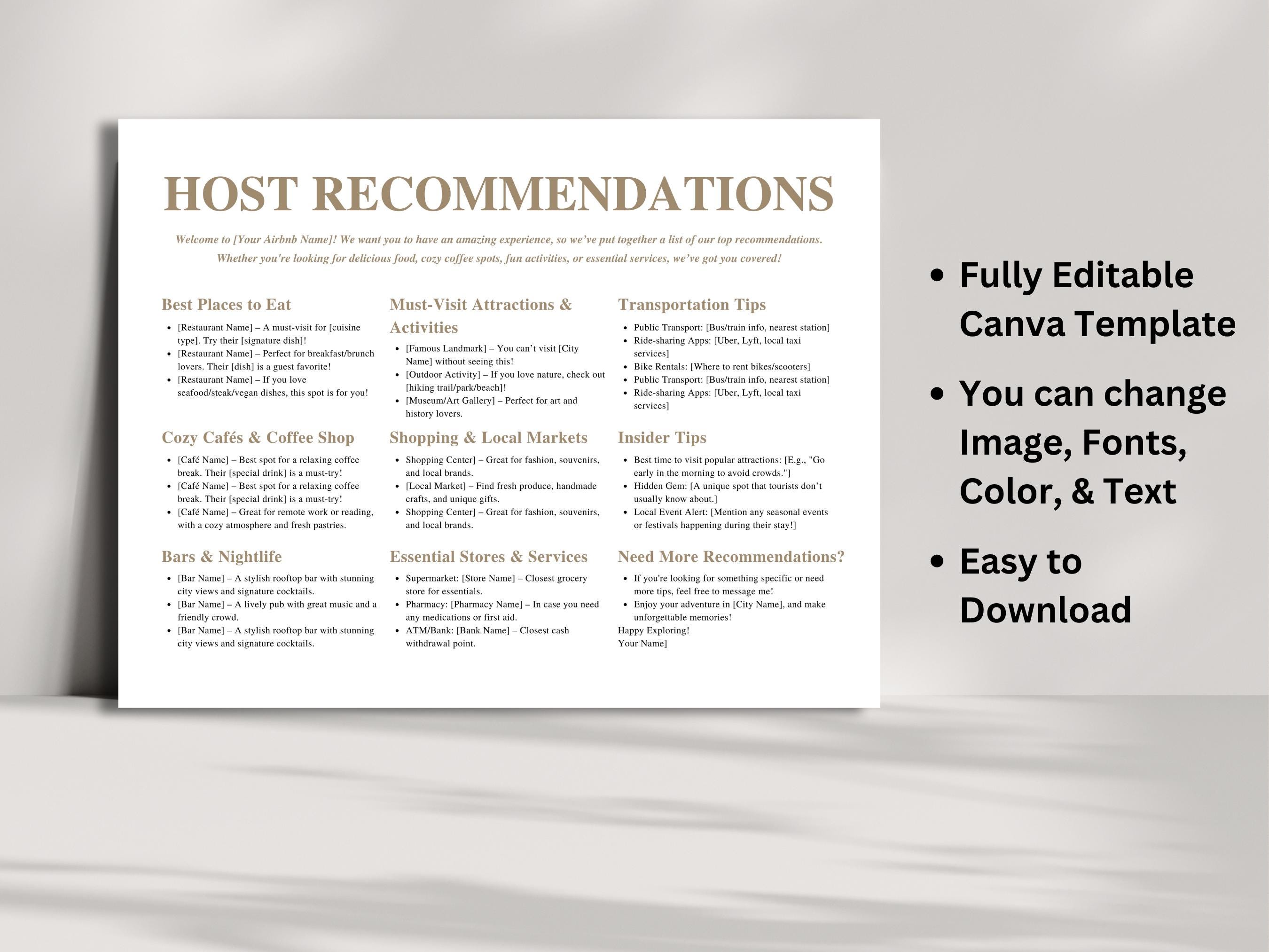 Airbnb Guest Guide Template: Vacation Rental Host Recommendations ...