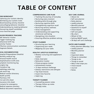 May include: A table of contents for a self-help journal for people with autism. The table lists different sections for tracking progress, managing daily life, and self-care.
