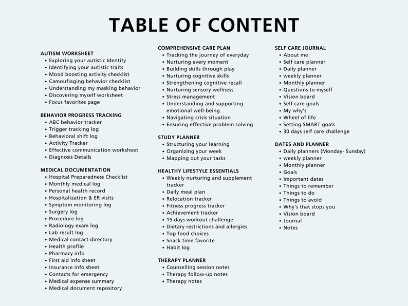 May include: A table of contents for a self-help journal for people with autism. The table lists different sections for tracking progress, managing daily life, and self-care.