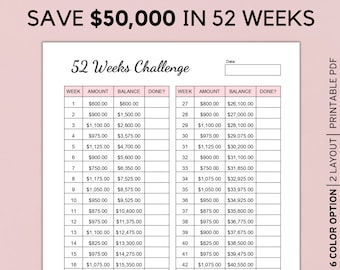 52 Week Savings Challenge, 50,000 Savings Challenge Tracker, Money challenge, Instant Download Pdf, A4, A5, Letter
