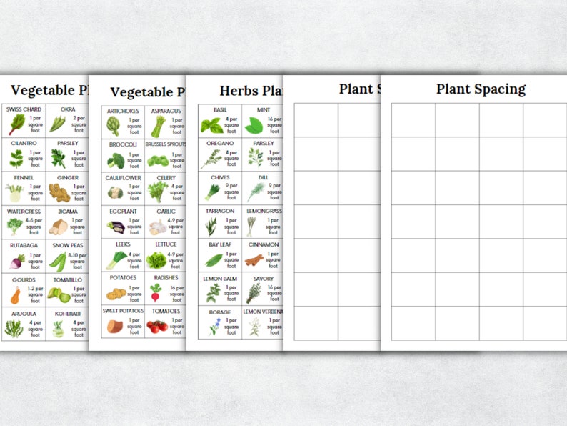 K&ouml;nnte beinhalten: Eine druckbare Tabelle mit einem Rasterlayout zur Planung eines Gem&uuml;segartens. Die Tabelle enth&auml;lt eine Liste von Gem&uuml;se und Kr&auml;utern mit ihrem empfohlenen Abstand in Quadratfu&szlig;. Die Tabelle ist in drei Abschnitte unterteilt: Gem&uuml;sepflanzen, Kr&auml;uterpflanzen und Pflanzenabstand.