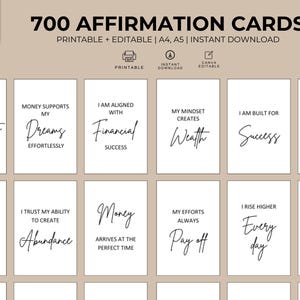 Puede incluir: Un conjunto de tarjetas de afirmación blancas con texto negro, que incluyen frases como "Prosperidad en mi vida" y "El dinero apoya mis sueños". Las tarjetas están etiquetadas como "700 Tarjetas de afirmación" y son imprimibles y editables.