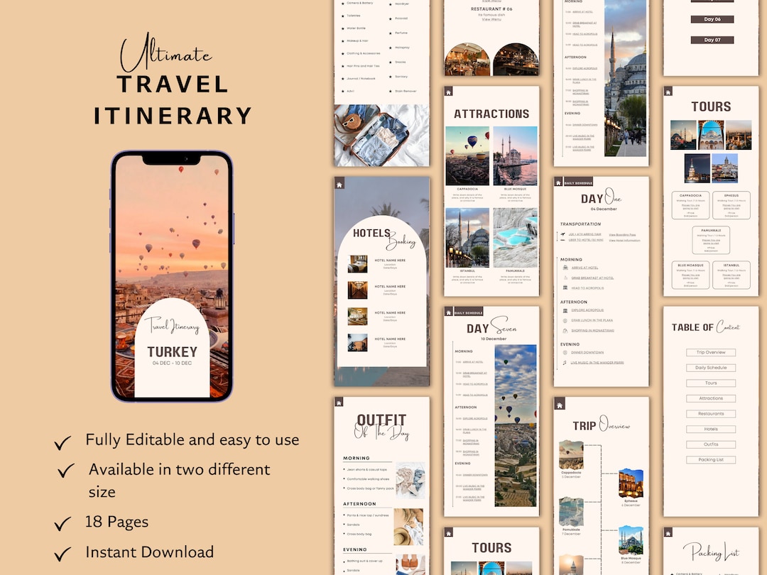 Digital Travel Itinerary Template, Vacation Planner Template ...