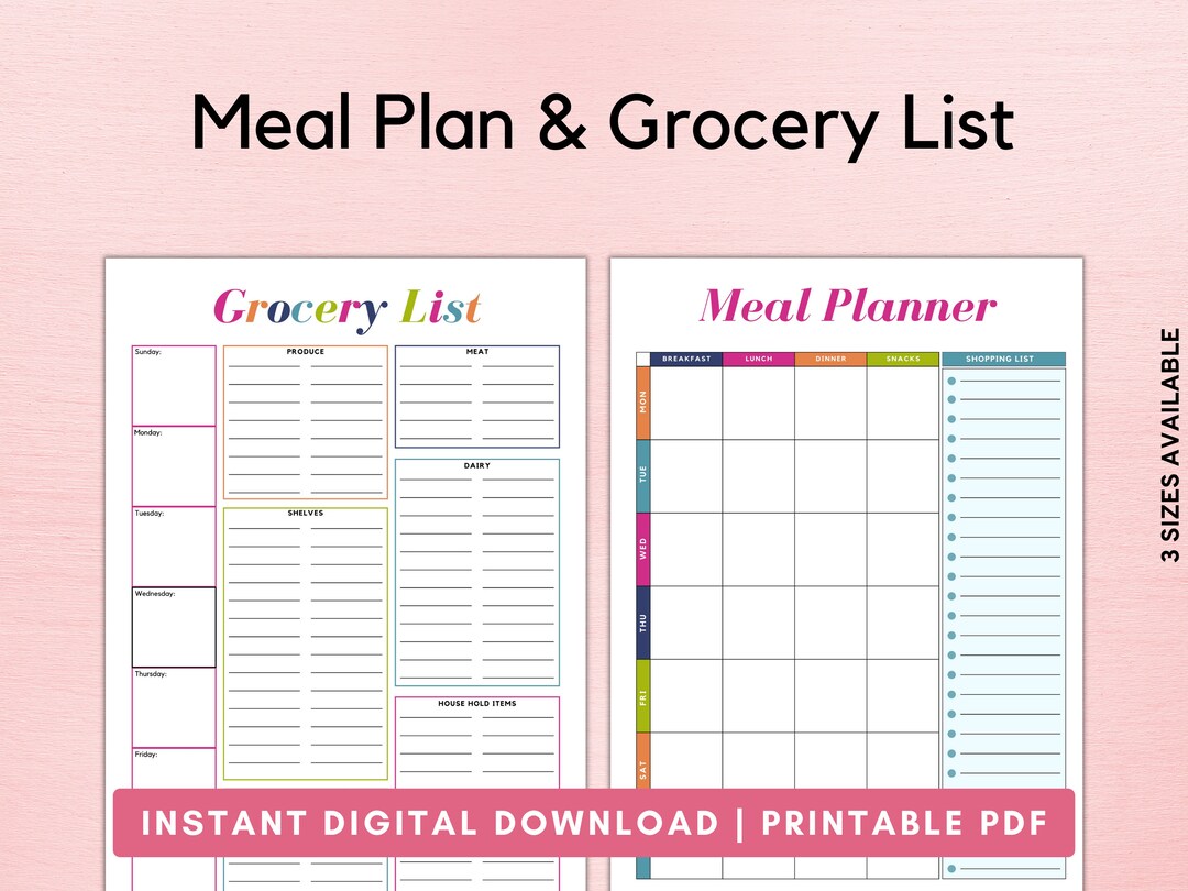 Weekly Meal Planner With Grocery List Printable Template, 7 Day Menu ...