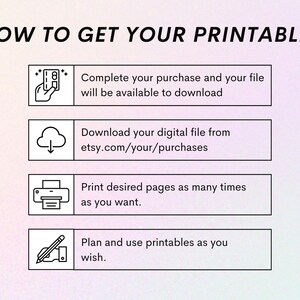 Pu&ograve; includere: Una guida in quattro passaggi su come ottenere il tuo stampabile. I passaggi sono: 1. Completa l'acquisto e il tuo file sar&agrave; disponibile per il download. 2. Scarica il tuo file digitale da etsy.com/your/purchases. 3. Stampa le pagine desiderate tutte le volte che vuoi. 4. Pianifica e usa gli stampabili come vuoi.