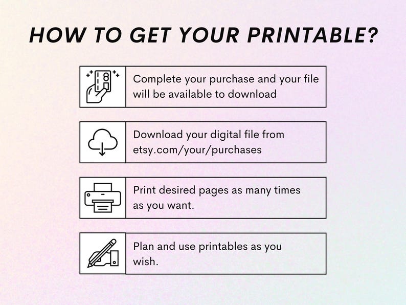 Pu&ograve; includere: Una guida in quattro passaggi su come ottenere il tuo stampabile. I passaggi sono: 1. Completa l'acquisto e il tuo file sar&agrave; disponibile per il download. 2. Scarica il tuo file digitale da etsy.com/your/purchases. 3. Stampa le pagine desiderate tutte le volte che vuoi. 4. Pianifica e usa gli stampabili come vuoi.
