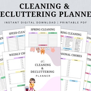 May include: Printable cleaning and decluttering planner with colourful checklists and sections for speed cleaning, weekly chores, seasonal chores, monthly cleaning, and spring cleaning. The planner includes a title that says "The Cleaning & Decluttering Planner".