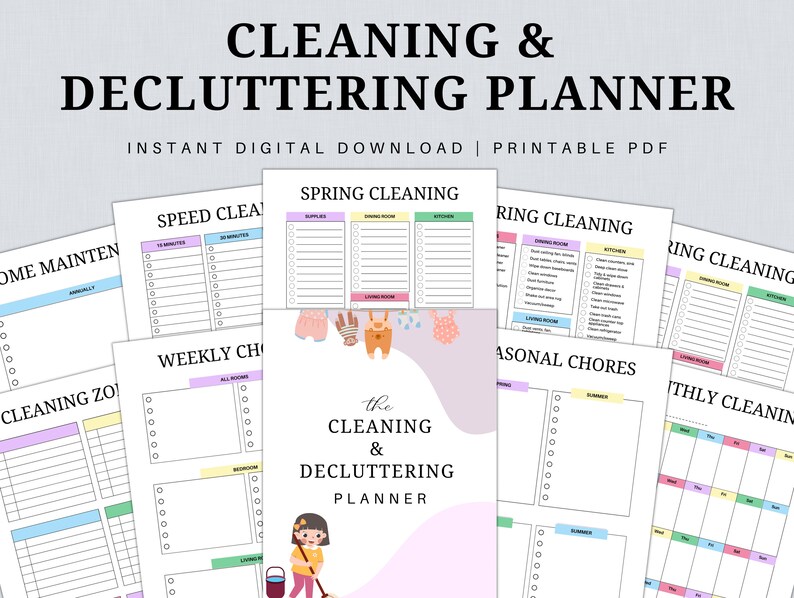 May include: Printable cleaning and decluttering planner with colourful checklists and sections for speed cleaning, weekly chores, seasonal chores, monthly cleaning, and spring cleaning. The planner includes a title that says "The Cleaning & Decluttering Planner".