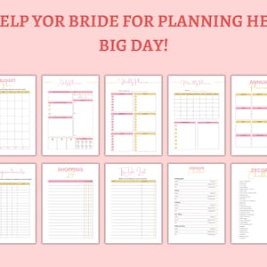 May include: A printable wedding planning checklist with sections for budget, daily, weekly, monthly, and annual planning.  There are also sections for appointments, shopping list, to-do list, vendor checklist, and decor checklist.