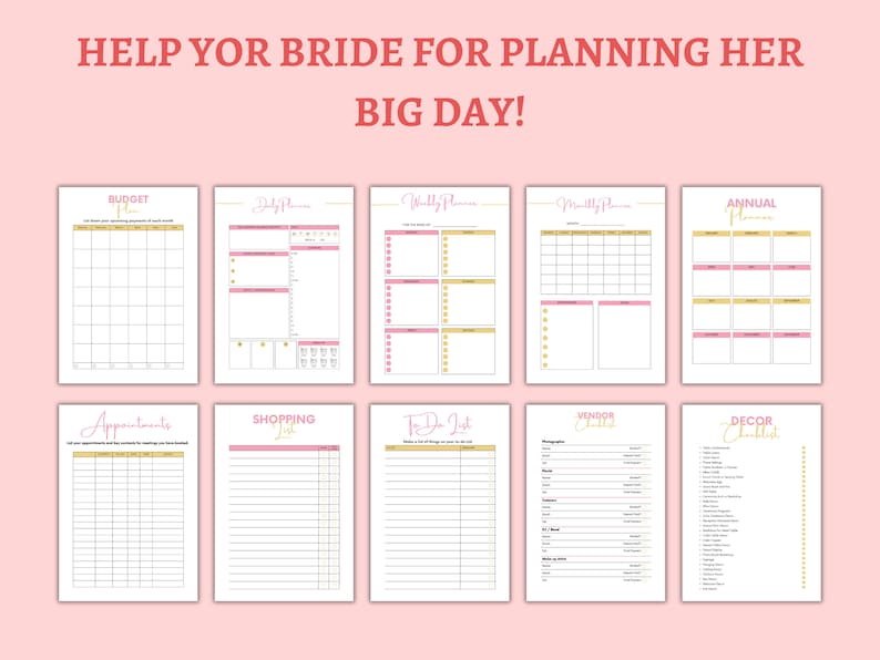 May include: A printable wedding planning checklist with sections for budget, daily, weekly, monthly, and annual planning.  There are also sections for appointments, shopping list, to-do list, vendor checklist, and decor checklist.