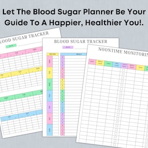 May include: A printable blood sugar tracker with sections for tracking blood sugar levels before and after meals, as well as a section for noontime monitoring. The tracker includes columns for date, time, insulin taken, carbs, and blood sugar readings.