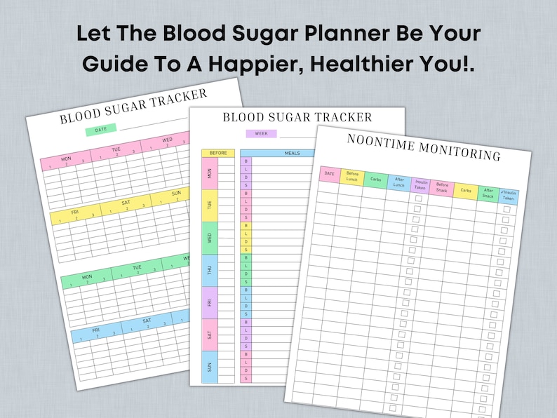 May include: A printable blood sugar tracker with sections for tracking blood sugar levels before and after meals, as well as a section for noontime monitoring. The tracker includes columns for date, time, insulin taken, carbs, and blood sugar readings.
