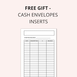Puede incluir: Un inserto imprimible para sobre de efectivo con un espacio en blanco para el saldo inicial, una columna de fecha, una columna de descripci&oacute;n, una columna de m&aacute;s/menos y una columna de saldo. El texto "FREE GIFT - CASH ENVELOPES INSERTS" est&aacute; en la parte superior de la p&aacute;gina.