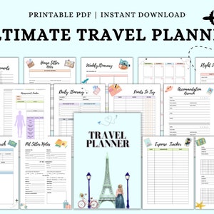 Modelo editável de planejador de viagens, planejador de itinerário de viagem, diário de viagem, planejador de férias Canva, planejador de férias, A4, carta, A5