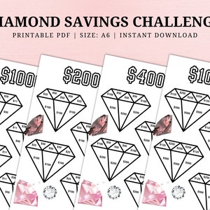 May include: Printable diamond-shaped savings challenge chart with four different goal amounts: £100, £200, £400, and £10,000. Each diamond is divided into sections with pound sterling amounts to track savings progress.