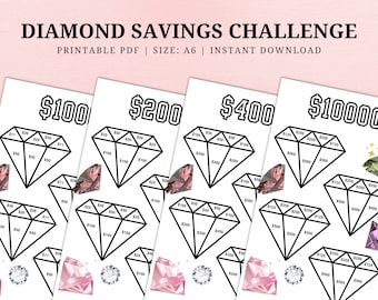 Desafío de ahorro de diamantes imprimible, desafío de dinero, inserción de sobre en efectivo, rastreador de ahorros imprimible, descarga instantánea