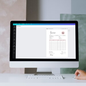 May include: A computer screen displaying a blank page and a printable invoice template. The invoice template has a pink logo and the text "Invoice" at the top.