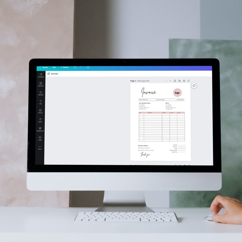 May include: A computer screen displaying a blank page and a printable invoice template. The invoice template has a pink logo and the text "Invoice" at the top.