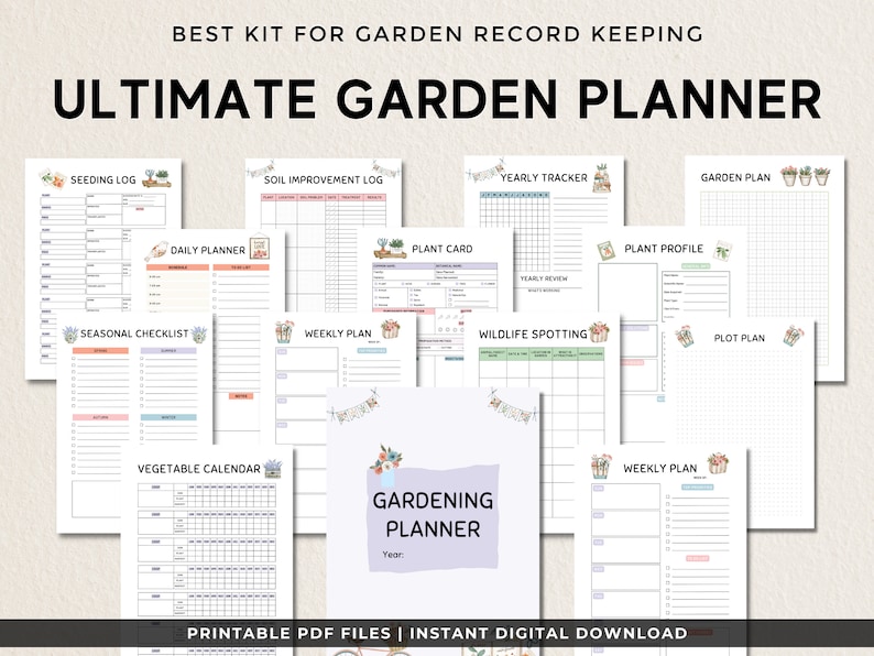 May include: A printable garden planner kit with 10 pages, including a seeding log, daily planner, soil improvement log, plant card, yearly tracker, plant profile, garden plan, seasonal checklist, weekly plan, wildlife spotting, and plot plan. The pages are decorated with floral illustrations.