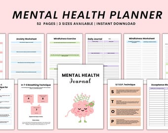 May include: A mental health planner with worksheets and journal pages. The cover of the journal features a pink brain with flowers. The planner includes sections for anxiety, mindfulness, and daily journaling. The text on the top says "MENTAL HEALTH PLANNER".