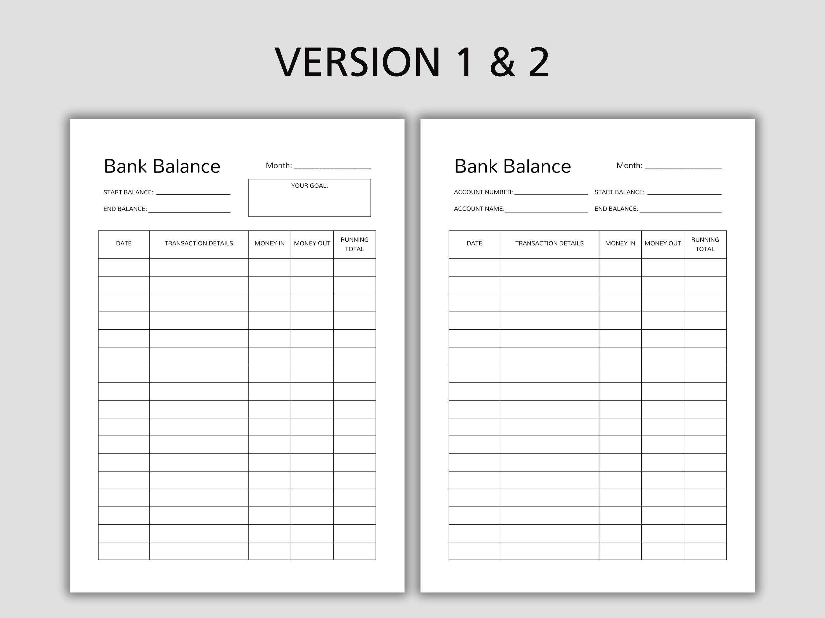 Bank Balance Sheet Printable, Budget Tracker Template, Personal Finance ...