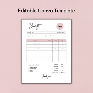 May include: A printable receipt template with a pink and white color scheme. The template includes fields for customer name, phone number, description, quantity, unit price, total, subtotal, discount, taxes, shipping, and grand total. The template also includes a section for payment method with checkboxes for bank transfer, credit card, cash, and check. The template includes the text "Receipt" and "Thank you".