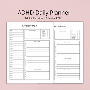 Puede incluir: Un planificador diario imprimible en blanco y negro dise&ntilde;ado para personas con TDAH. El planificador est&aacute; dividido en dos columnas, cada una con secciones para prioridades clave, tareas para el trabajo, tareas para el hogar y art&iacute;culos para comprar o pagar. El planificador incluye franjas horarias de 6:00 AM a 7:00 PM.