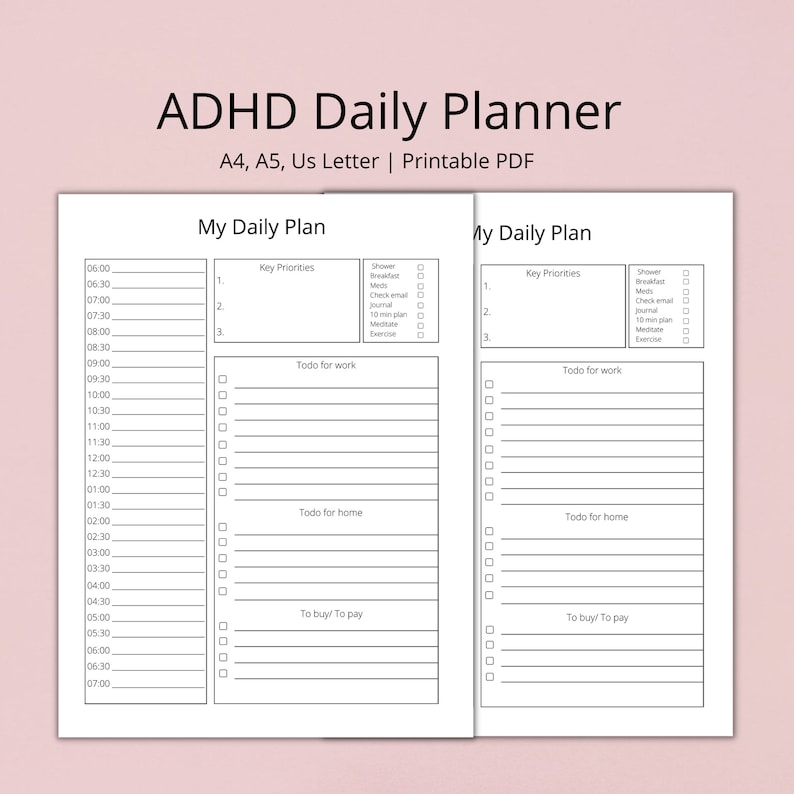 Puede incluir: Un planificador diario imprimible en blanco y negro dise&ntilde;ado para personas con TDAH. El planificador est&aacute; dividido en dos columnas, cada una con secciones para prioridades clave, tareas para el trabajo, tareas para el hogar y art&iacute;culos para comprar o pagar. El planificador incluye franjas horarias de 6:00 AM a 7:00 PM.