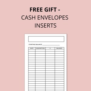 Pode incluir: Uma inser&ccedil;&atilde;o de papel branco para envelopes de dinheiro com uma grade impressa em preto para controle financeiro. O texto diz FREE GIFT - CASH ENVELOPES INSERTS, STARTING BALANCE, DATE, DESCRIPTION, -/+ e BALANCE. O layout inclui linhas.