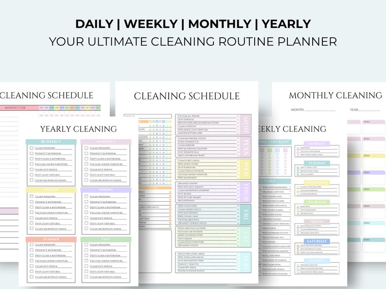 May include: A set of printable cleaning routine planners. The pages include daily, weekly, monthly, and yearly cleaning schedules. The text "DAILY | WEEKLY | MONTHLY | YEARLY YOUR ULTIMATE CLEANING ROUTINE PLANNER" is at the top of the image.