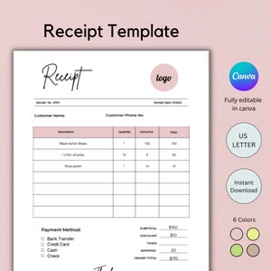 May include: A printable receipt template with a pink and white color scheme. The template includes fields for customer name, phone number, date, description, quantity, unit price, total, payment method, subtotal, discount, taxes, shipping, and grand total. The text "Receipt" is written in cursive at the top of the template.