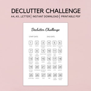 K&ouml;nnte beinhalten: Ein druckbares PDF mit dem Titel "Declutter Challenge" mit Kalenderlayout. Der Kalender enth&auml;lt 30 Aufr&auml;umaufgaben, wie "Geldb&ouml;rse", "Speisekammer" und "K&uuml;cheninsel". Das Design ist schlicht, mit schwarzem Text auf wei&szlig;em Hintergrund.