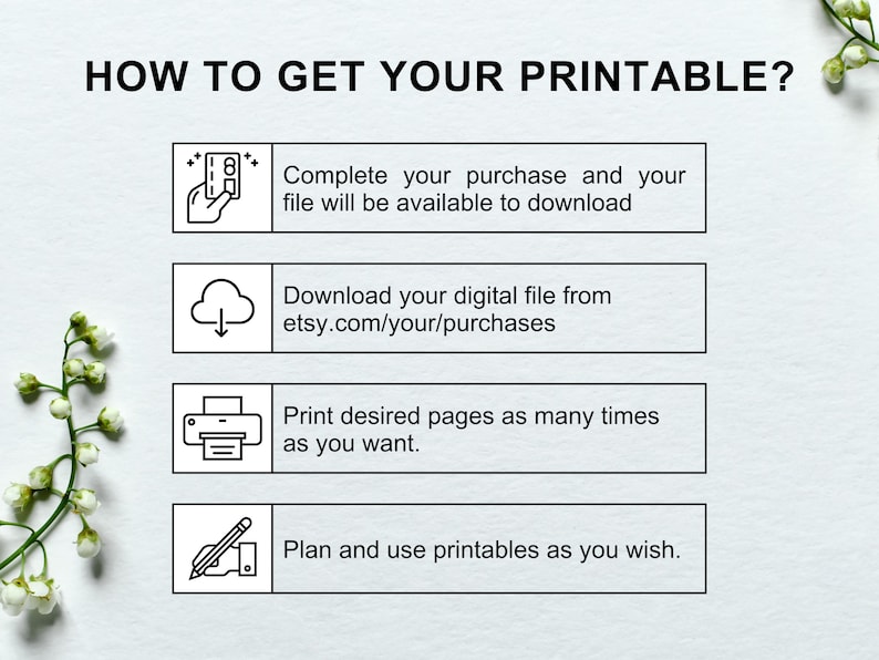 May include: A black and white illustration showing how to get your printable. The steps are: 1. Complete your purchase and your file will be available to download. 2. Download your digital file from etsy.com/your/purchases. 3. Print desired pages as many times as you want. 4. Plan and use printables as you wish.