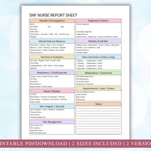 May include: A printable SNF Nurse Report Sheet with sections for resident demographics, mental status, nutrition, respiratory, bowel, skin integrity, pain management, diagnosis, mobility, ADLs, medications, and appointments. The document includes the text "PRINTABLE PDFDOWNLOAD | 2 SIZES INCLUDED | 2 VERSIONS."