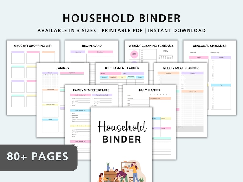 May include: Printable household binder with 80+ pages, featuring a variety of checklists and planners. The binder includes sections for grocery shopping, recipes, weekly cleaning, seasonal checklists, debt tracking, meal planning, family details, and daily planning. The cover features a colorful illustration of a woman organizing a bookshelf.