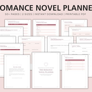May include: A digital romance novel planner featuring over 50 pages of printable templates. The collection includes a table of contents, character profiles, story timelines, and beat sheets with dark red text and accents on a light pink background.
