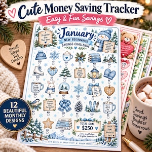 May include: A January savings challenge tracker sheet featuring winter-themed illustrations like a snowman, snowflakes, and pinecones. The paper includes circular checkboxes with dollar amounts, a total goal of $250, and text reading New Beginnings.