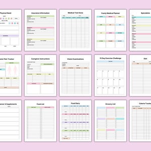 May include: A collection of printable medical and health-related forms, including a physical needs assessment, insurance information, and a yearly medical planner. The forms are organized in a grid layout with pastel color accents.