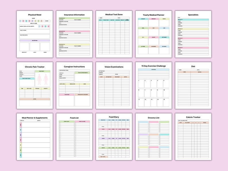 May include: A collection of printable medical and health-related forms, including a physical needs assessment, insurance information, and a yearly medical planner. The forms are organized in a grid layout with pastel color accents.
