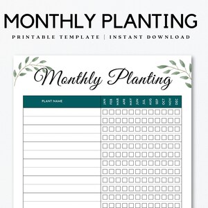 Monthly Planting , Garden Planner, Plant Planner, Plants Records, A4, Letter