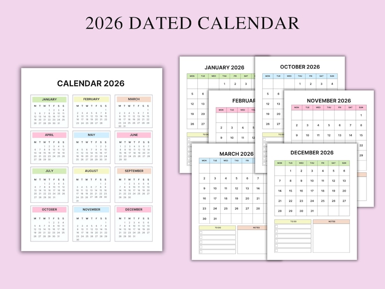 May include: A 2026 dated calendar with a white background. The calendar pages are arranged in a grid, with each month displayed in a separate box. The text "2026 DATED CALENDAR" and "CALENDAR 2026" are at the top. Each month has a different pastel color.
