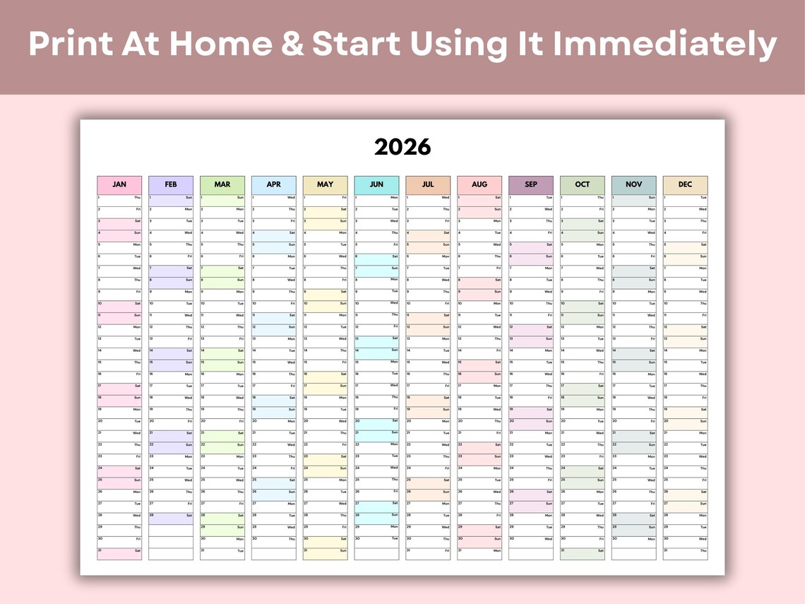 2026 Year Planner Printable, Wall Calendar 2026 PDF, A3 A4 A5 Sizes
